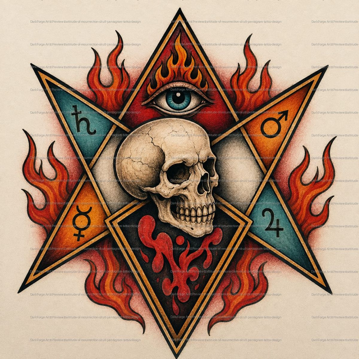 Attitude of Resurrection Skull Pentagram Tattoo Design - watermarked preview